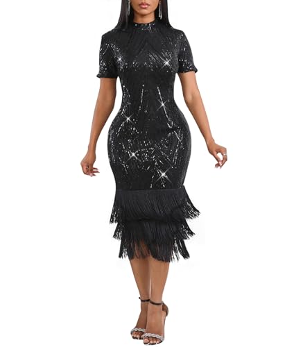 Image of Cololura Sexy Elegant Women Sequin Long Sleeve Tassel Bodycon Midi Dress Party Evening Gown Formal Dress