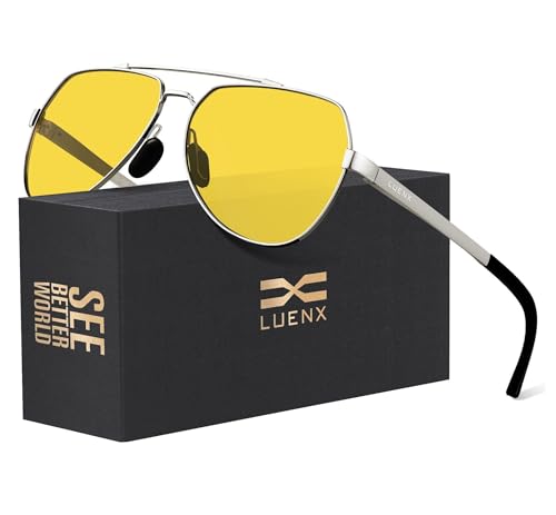 LUENX Night Vision Driving Glasses Anti Glare Polarized Aviator Sunglasses for Men Women - Yellow Lens Silver Metal Frame