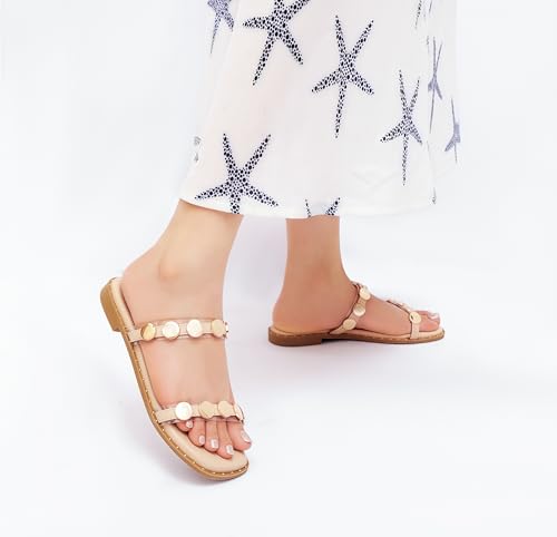 Image of geluboao Sandals for Women 2025 Open Toe Two Band Slip On Slides Fashion Metal Circular Flat Sandals for Summer Size 6-11