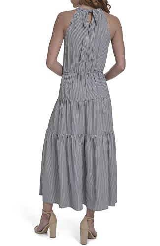 Image of Tommy Hilfiger Women's Sleeveless Halter Neck Seersucker Tiered Skirt Maxi Dress