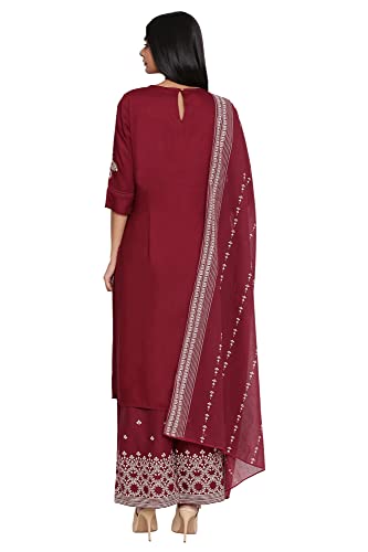 Image of Wishful By W Women Maroon Solid Straight Kurta-Parallel Pants-Dupatta Set