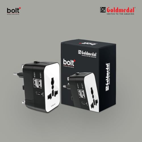 Image of Goldmedal Bolt + Universal Travel Adaptor | 2 Type A & 1 Type C USB Ports for Quick Charging | Supports Variety of Plug Types| Perfect for International Travel - Black & White | For Home & Office, Supports Variety of Plug Types| Perfect for International Travel - Black & White