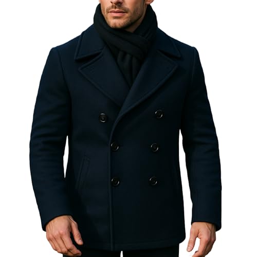 Image of Leather Jacketz Ryan Bingham Cowboy Walker Stone Double Breasted Navy Blue Winter Peacoat Men, Large