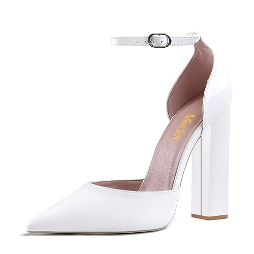 miss left Women's Fashion Ankle Buckle Strap Block High Heel Pumps Closed Pointed Toe D'Orsay Dress Party Event Shoes Size 4-16 US