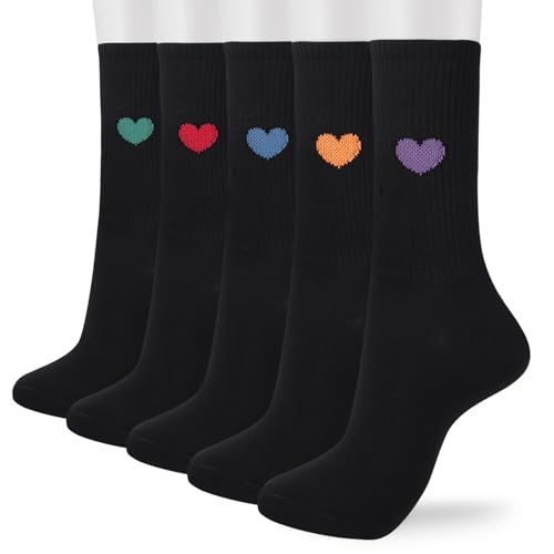 Image of Corlap Women's Cotton Crew Calf Socks - 5 Pairs Ankle High Dress Casual Socks, Fun Cute Heart Gifts for Mom Mother
