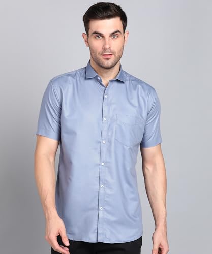 Image of MILDIN Men's Cotton Blend Solid Shirt with Spread Collared Half Sleeve Curved Hemline Button Closure Regular Fit and One Pocket | Half Sleeve Shirt for Men