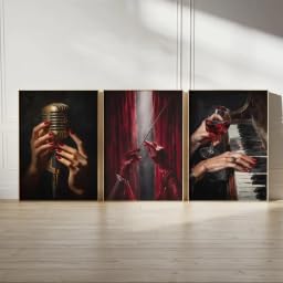 LMAIWANG Poster musicale vintage con elegante donna che suona il pianoforte e il vino rosso, dipinto su tela, decorazione murale per la casa (40x60cmx3/cornice interna)