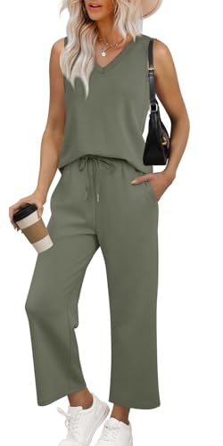 WIHOLL 2 Piece Sets for Women Vacation Outfits for Women Dressy Casual Summer Outfits Wide Leg Crop Pant Sets Two Piece Olive L