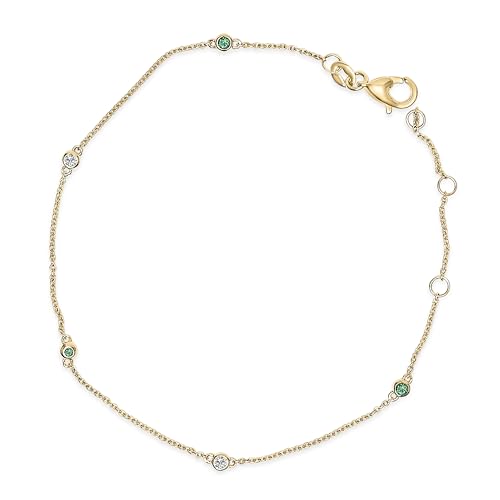 14K Yellow Gold Alternating Green Emerald and Diamond Bezel Station Chain Bracelet - Size 7.5 inch