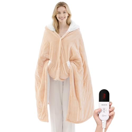 Electric Wearable Blanket Heated Blanket with Hood and Pocket, Flannel & Sherpa Electric Snuggle Throw Blankets, 6 Heating Levels Setting & 4 Hours Auto Shut Off,40 * 70",Machine Washabl(Shrot, Beige)