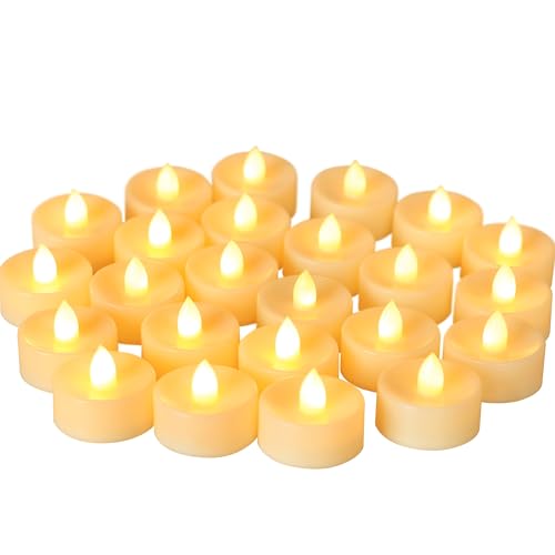Image of CANDLE CHOICE Battery Operated Flameless Tea Lights Bright Flickering LED Tealight Candles for Wedding Table Centerpieces Halloween Thanksgiving Christmas Decoration Batteries Incl Amber Light 24 Pack