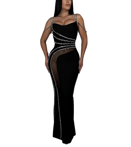 Image of PORRCEY Women's Sexy Rhinestone Lace Sheer Mesh Formal Evening Dress