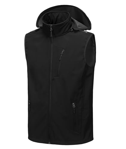Mens Vests Outerwear Removable Hood Windproof Golf Vests for Men Softshell Sleeveless Jacket with 6 Pockets2