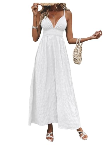 Image of Milumia Women's Summer V Neck Backless Maxi Dress Boho Spaghetti Strap A Line Flowy Beach Long Sundress