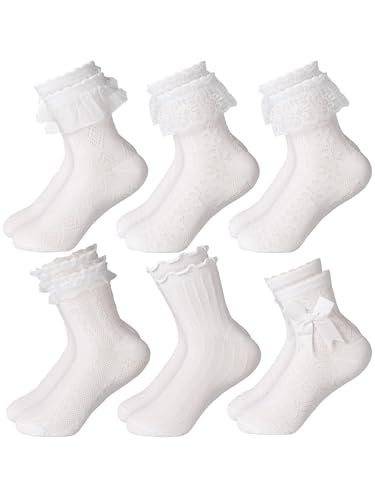 6 Pairs Girls Ruffle Socks White Ruffled Lace Cute Breathable Ankle Socks for Girls Kids Frilly Dress