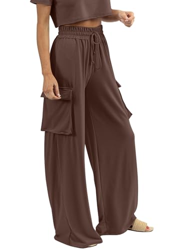 Womens Wide Leg Cargo Pants Flowy Casual Palazzo Pleated Trouser Woman Elastic High Waisted Loose Fit Lounge Pant 20254