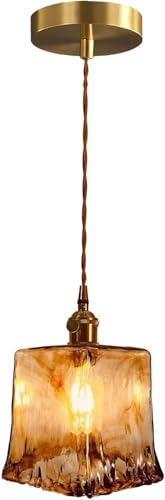 SXSHEYS Suspension carrée Vintage en Verre ambré et Laiton brossé, Style Ferme Moderne, idéale pour îlot de Cuisine, Salle à Manger ou Salon.
