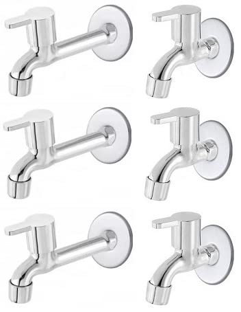Spazio Stainless Steel Fusion Bib Cock with Long Body Combo Pack Foam Flow Water Taps with Wall Flange (Pack of 3) (Chrome Plated, Brass Disc)