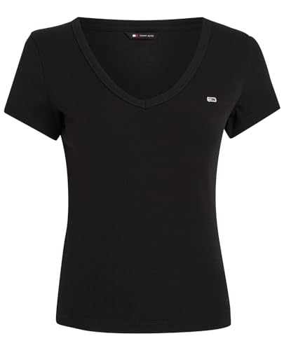 Tommy Jeans Damen T-Shirt Kurzarm Slim Rib V-Ausschnitt, Schwarz (Black), M