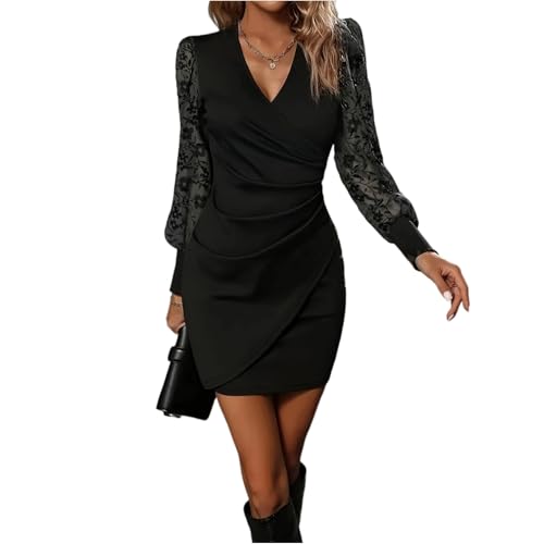 Cocktailkleid Damen Abendkleider Elegant Partykleid Spitze Langarm Herbstkleid Damen Midi Spitzenkleid V-Ausschnitt Tunika Kleid Elegante Kleider...