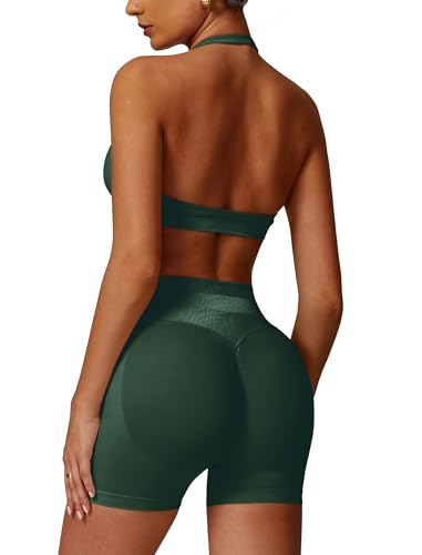 Image of ABOCIW Workout Sets for Women 2 Piece seamless Halter Sports Bra Scrunch Butt Impact Shorts Gym Yoga Outfits