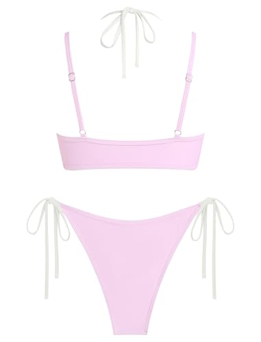 Image of ZAFUL Women's Polka Dot Bikini Set Double Layer Halter Swimsuit Colorblock Side Tie 2 Piece Bathing Suit