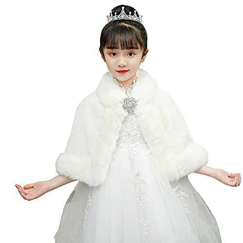 Wrap Shawl for Girls Faux Fur Cloak for Children Princess Shoulder Cape for Dress Tippet Stole for Wedding Christmas Costume Party White3