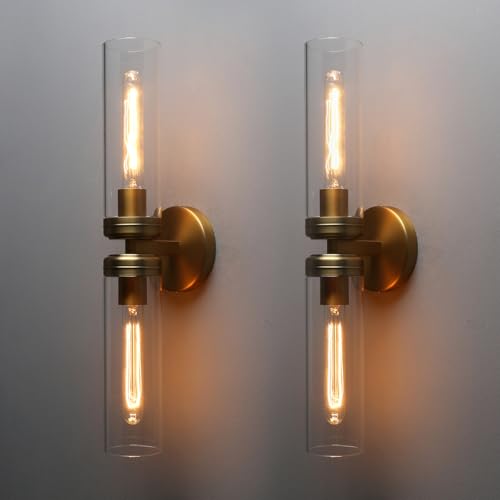 Image of Pathson 2 Lights Cylinder Glass Wall Sconce, Set of 2 Hardwired Wall Vanity Lights with Double Tube Glass, Vintage Aluminum Wall Lamp Decor for Bathroom Mirror Living Room Bedroom Fireplace Staircase