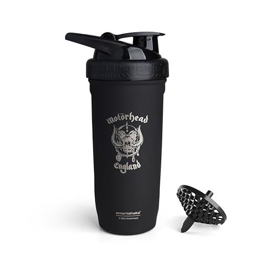 Smartshake Rockband Reforce Stainless Steel Protein Shaker Bottle 900 ml | 30 oz - Leakproof Screw-on Lid - BPA Free - Non Insulated – Unisex - Motörhead, Warpig Logo on Bottle