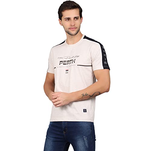 Image of Cantabil Men Off White Cotton Blend Round Neck Half Sleeve Printed T-Shirt (P MTSH00169 ECRUMELANGE)