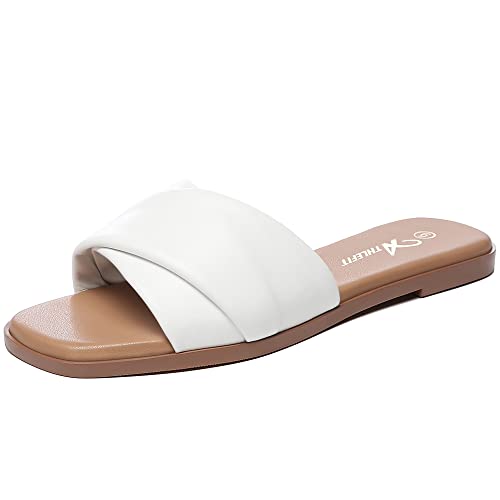 Athlefit Women's Summer Flat Sandals Slip On Square Toe Soft Leather Slide Sandals
