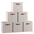 Ornavo Home 11 x 11 Storage Cube Bins, Foldable Collapsible Fabric Storage Bins Box Linen Shelf Basket Cube Organizer for Closet with Leather Handles, 6 Pack, Beige