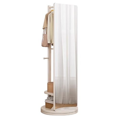Espejo giratorio de 360° de longitud completa con perchero, espejo de suelo de madera maciza con 6 ganchos y estantes de almacenamiento, perfecto para decoración de dormitorio y sala de estar