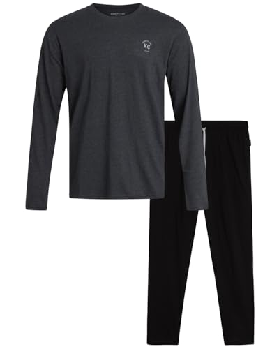 Kenneth Cole Mens Pajamas Set - 2 Piece Soft Knit Cotton Blend Long Sleeve Sleep Shirt and Pajama Pants for Men, Size Large, Heather/Charcoal Solid
