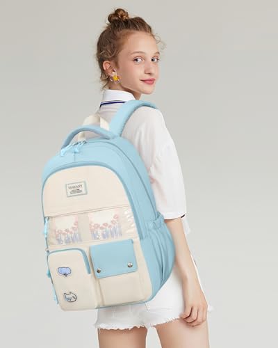 School Backpack, Cute Teen Girls Bookbag Large Capacity for Kids Elementary College Women Laptop Backpack Schoolbag with Accessories, Blue Beige2