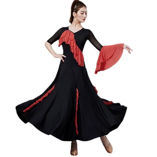 Yhsgscr Vestido De Baile De Salón para Actuaciones con Mangas Tres Cuartos Elegante Traje De Baile Moderno Vestuario De Flamenco para Mujer con Cuello En V Silueta En Línea A,Rojo,XL