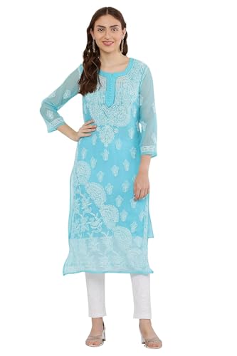 Image of FAWOMENT Women's Designer Straight Georgette Hand Embroidered Lucknowi Chikankari Kurta Designed in Side Jhaar Pattern Alongwith Slip