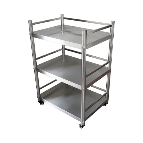 Estantes de almacenamiento de cocina de acero inoxidable de 3 niveles con barandilla y ruedas para baño (70 x 50 x 100 cm)