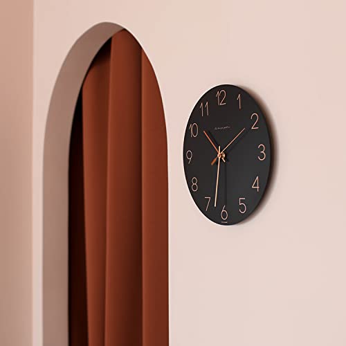 Image of mooas Flatwood Wall Clock (Black),12 inch Non-Ticking Sweep Movement | Decorative Modern Battery Operated Decorative Wall Clock for Home Living Room Kitchen Bedroom Office School Cafe Hotel