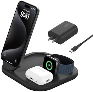 Belkin Qi2 3-in-1 折りたたみ式充電パッド Qi2公式認証/MagSafe対応 iPhone 16/15/14/13/12/Qi2対応スマートフォン(最大15W高速充電) AirPods/ワイヤレス充電対応イヤホン(5W充電) Apple Watch 9/8/7/Ultra/Ultra2 USB-Cケーブル付属(1.5m) AC電源アダプター付属 ブラック WIZ029dqBK