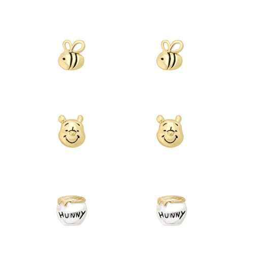 Disney Winnie-the-Pooh Bee and Honey Pot Trio Earring Set Officially Licensed | Brass with Sterling Silver and Gold Plate | Stud Earrings