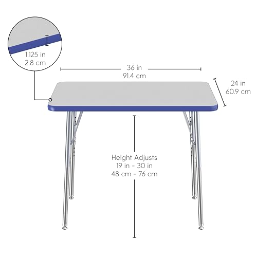 Factory Direct Partners FDP Rectangle Activity School and Office Table (24 x 36 inch), Standard Legs with Swivel Glides, Adjustable Height 19-30 inches - Gray Top, Blue Edge, Silver Legs, 10003-148