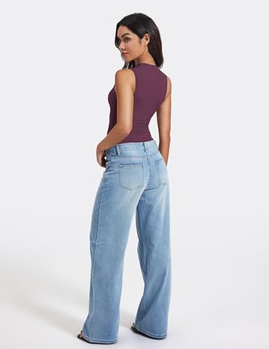 Image of YEOREO Women Basic Mock Neck Workout Crop Top Sleeveless Double Lined Tank Tee Slim Fitted Ruched Going Out Camisole