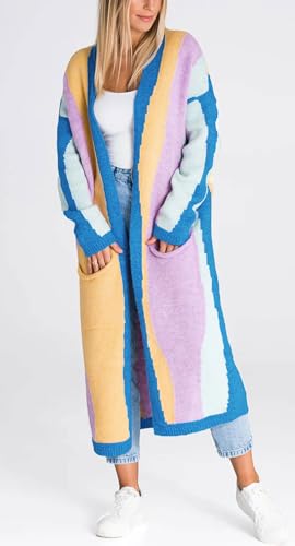 Image of chouyatou Women's Fall Open Front Color Block Long Cardigan Sweater Coat Casual Vertical Striped Coatigan