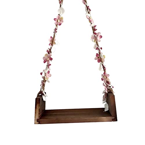 Wooden Swing Seat for Newborn Photography with Flower Ropes Baby Photo Shoot Prop Coffee Color