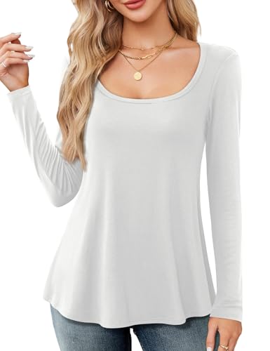 Amoretu Women's Long Sleeve Shirts Solid Color Fall Tops Loose Fit for Leggings, White S