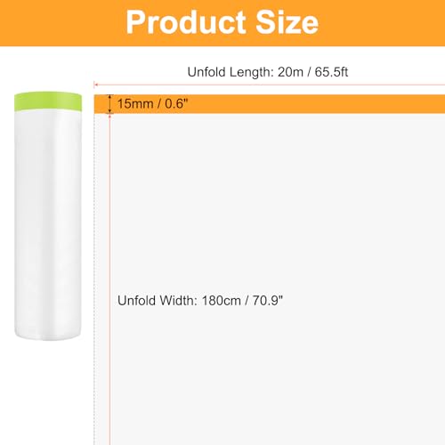 Image of HARFINGTON 3 Rolls Pre-Taped Masking Film 70.9 inch x65.6ft Tape and Drape Painters Plastic Drop Cloth Film with Tape Plastic Sheeting for Automotive Painting Covering, Green