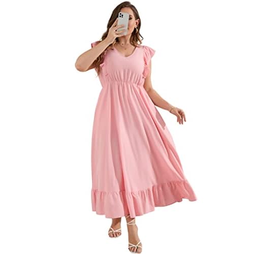 KOJOOIN Women's Plus Size Summer Dress with Pocket Ruffle Cap Sleeveless V Neck Side Split Long Beach Maxi Dress, X-Large, Pink-1