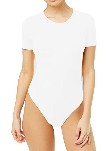 SUNRO Women's Sexy Short Sleeve Scoop Strechy Ribbed Finish Bodysuits (White X-Large)