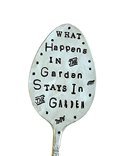 Garden Marker, Hand stamped Silver plate spoon plant marker, Funny Garden marker, What Happens in the Garden Stays in the Garden. Made in the USA